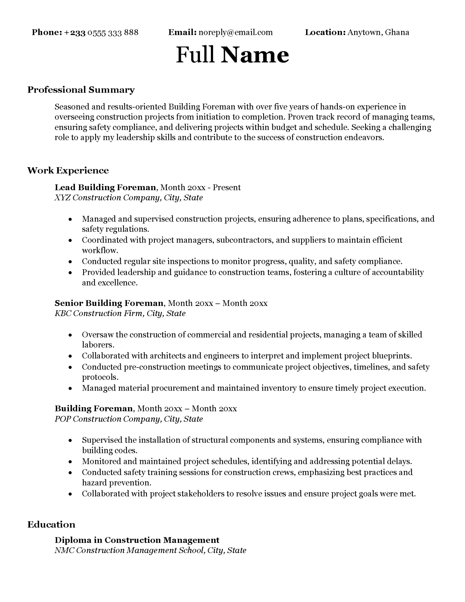 Building Foreman CV Template – CVBoss Africa