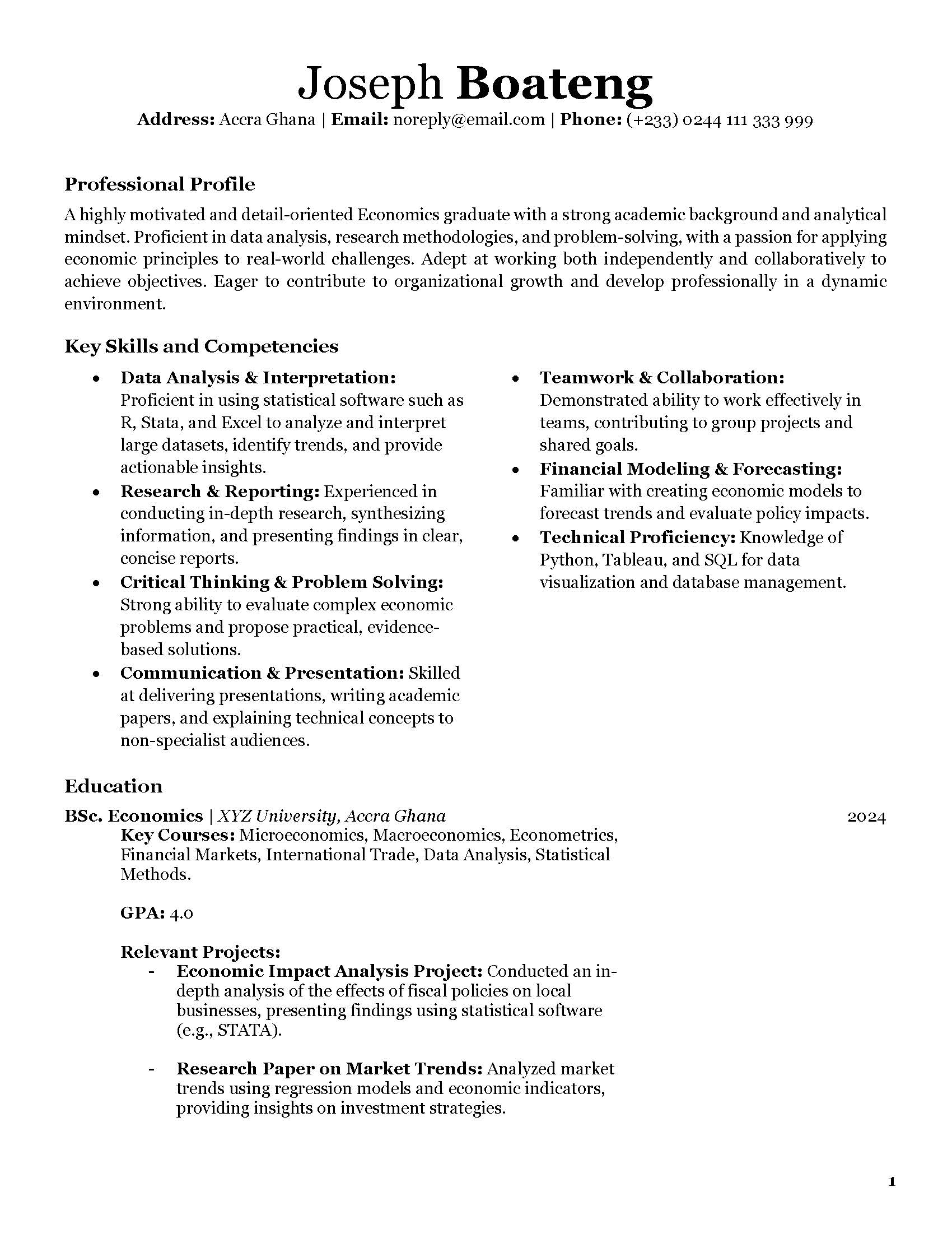 Functional CV for Fresh Graduates